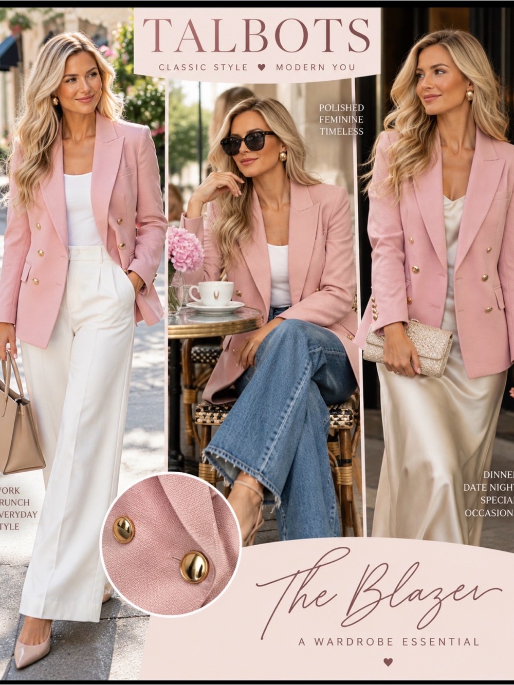 Talbots Blush Pink Double-Breasted Blazer with Gold Buttons Cotton Blazer 12